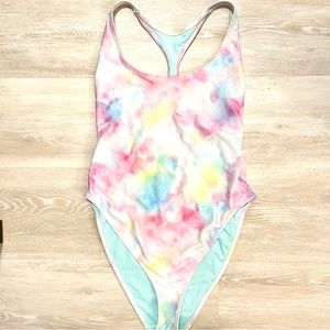 Rainbow tie dye one piece swimsuit, cross back